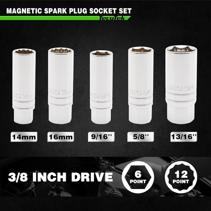TecoTek 5 Piece 3/8-Inch Drive Magnetic Spark Plug Socket Set, Includes 14mm, 16mm Thin Wall Sockets and 9/16-inch, 5/8-inch, 13/16-inch Sockets, 6-Point and 12-Point, CR-V, Enhanced Magnetic Design - Image 2